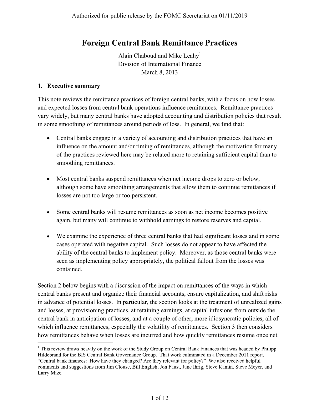 Foreign Central Bank Remittance Practices Alain Chaboud and Mike Leahy1 Division of International Finance March 8, 2013