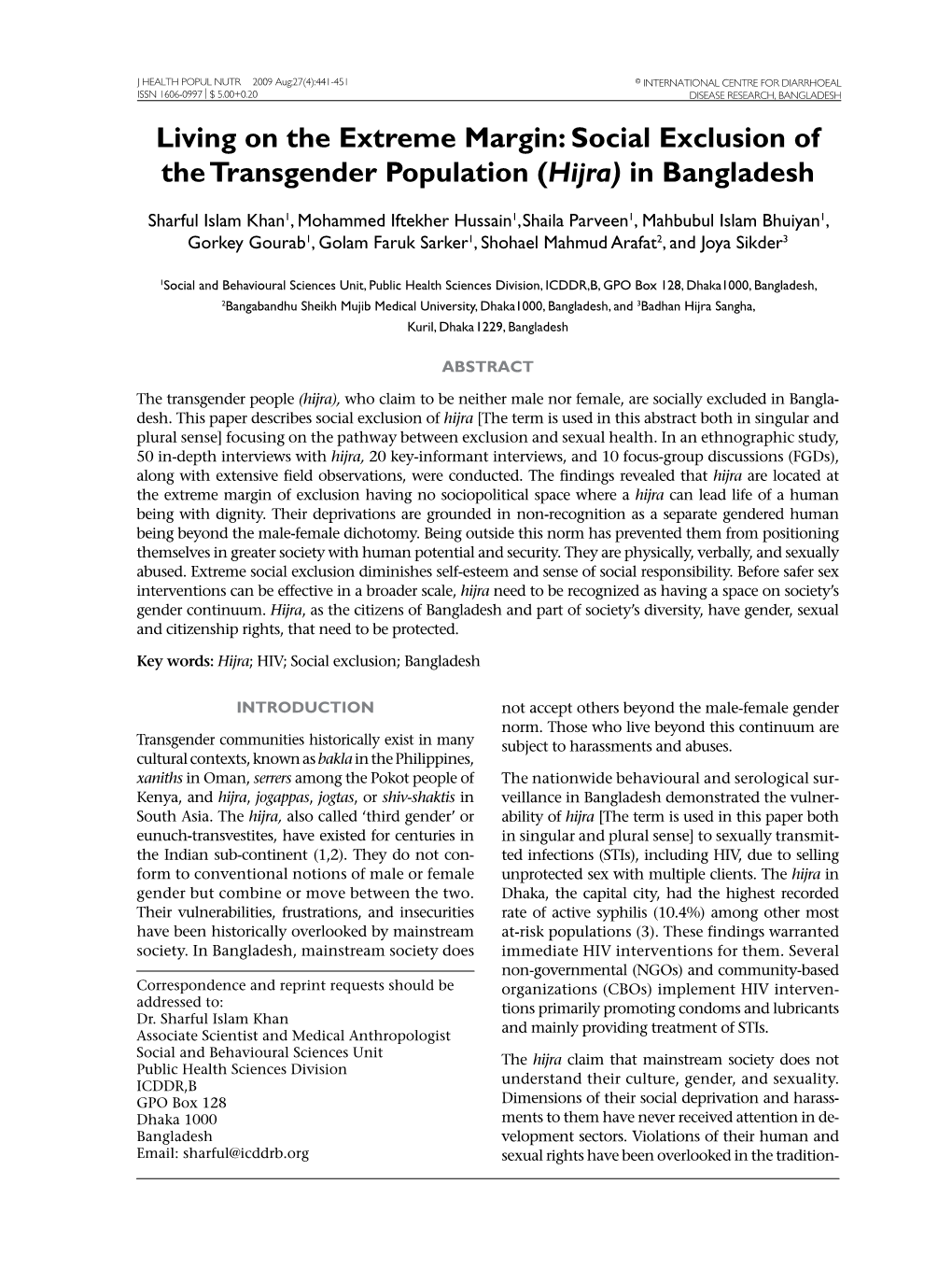 Social Exclusion of the Transgender Population (Hijra) in Bangladesh