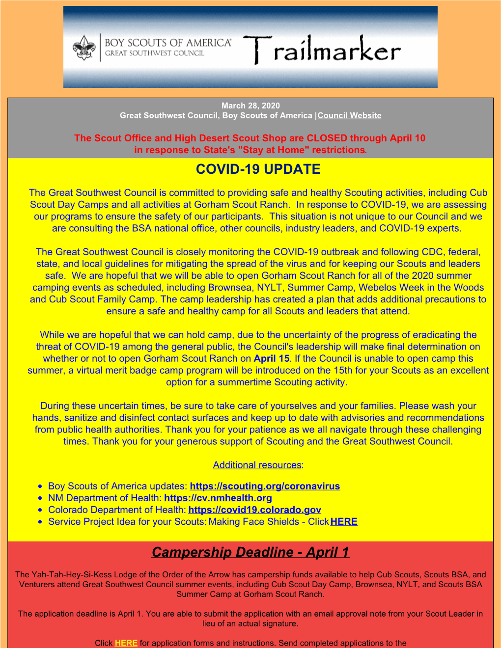 COVID-19 UPDATE Campership Deadline