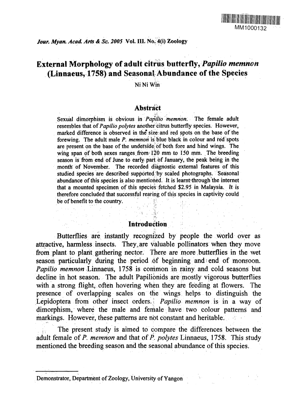 External Morphology of Adult Citrus Butterfly, Papilio Memnon (Linnaeus, 1758) and Seasonal Abundance of the Species Niniwin