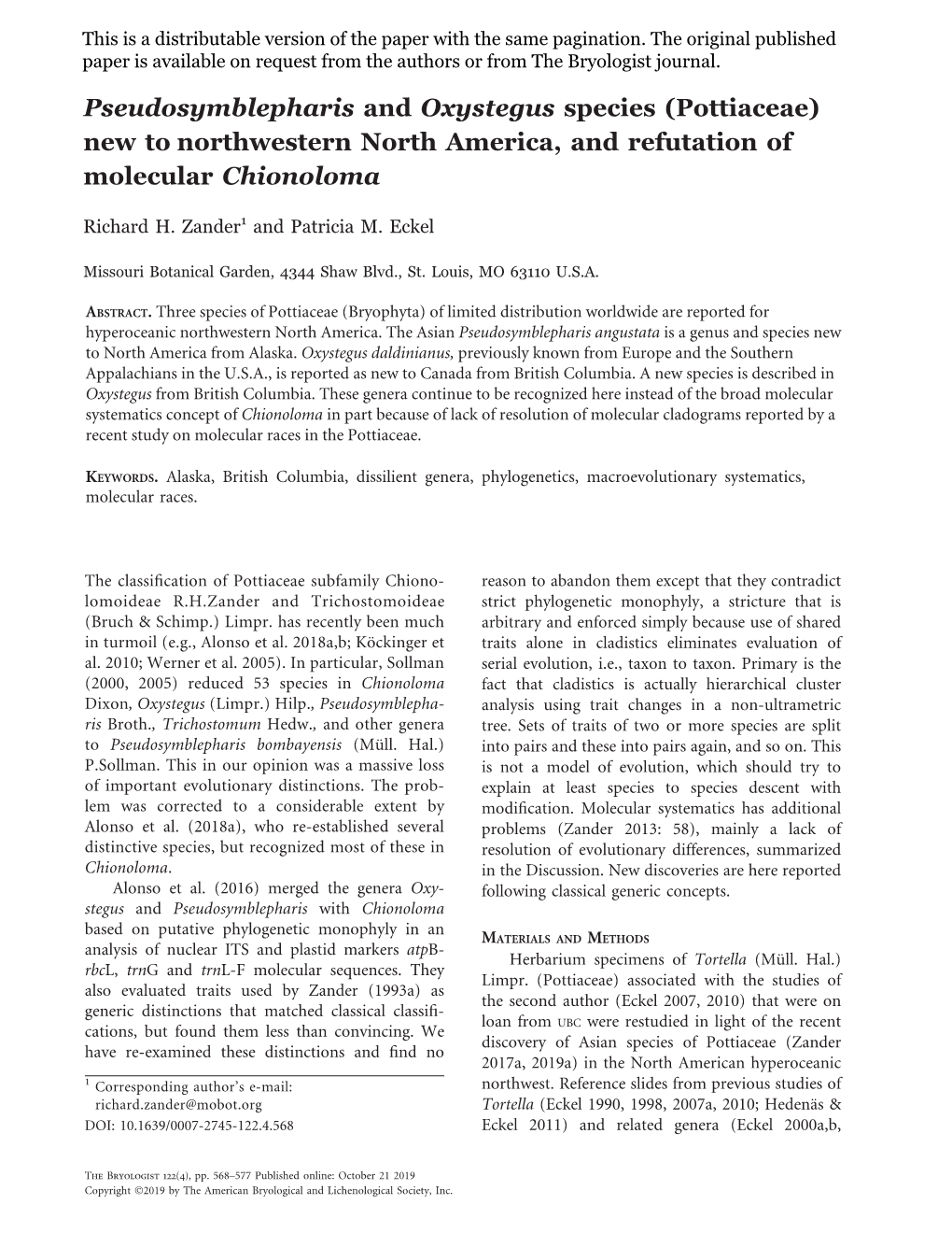 Pseudosymblepharis and Oxystegus Species (Pottiaceae) New to Northwestern North America, and Refutation of Molecular Chionoloma