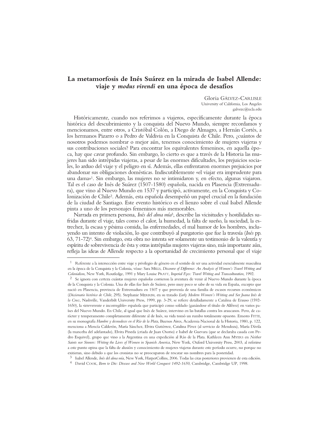 La Metamorfosis De Inés Suárez En La Mirada De Isabel Allende: Viaje Y Modus Vivendi En Una Época De Desafíos