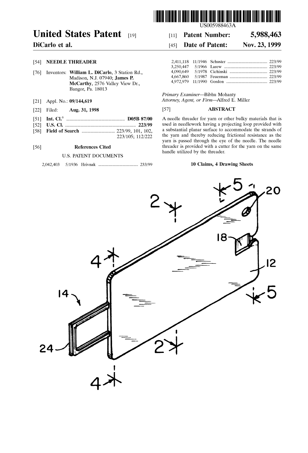 United States Patent (19) 11 Patent Number: 5,988,463 Dicarlo Et Al