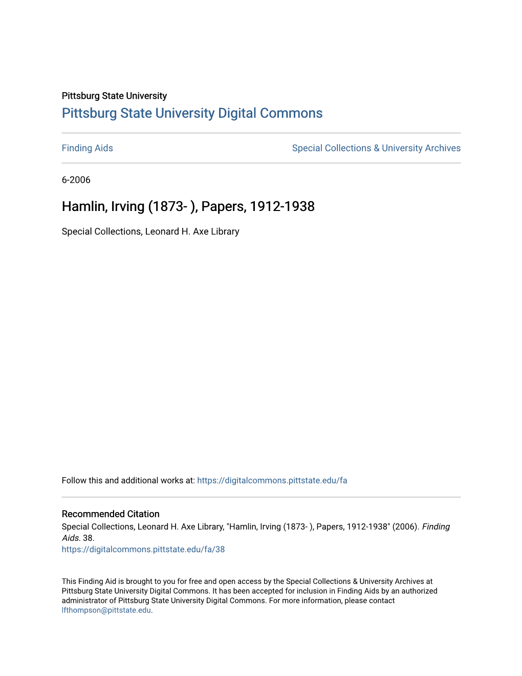 Hamlin, Irving (1873- ), Papers, 1912-1938