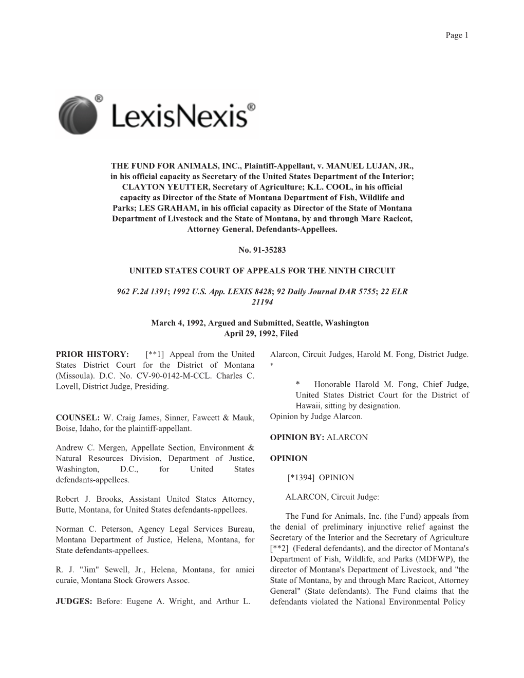 THE FUND for ANIMALS, INC., Plaintiff-Appellant, V. MANUEL