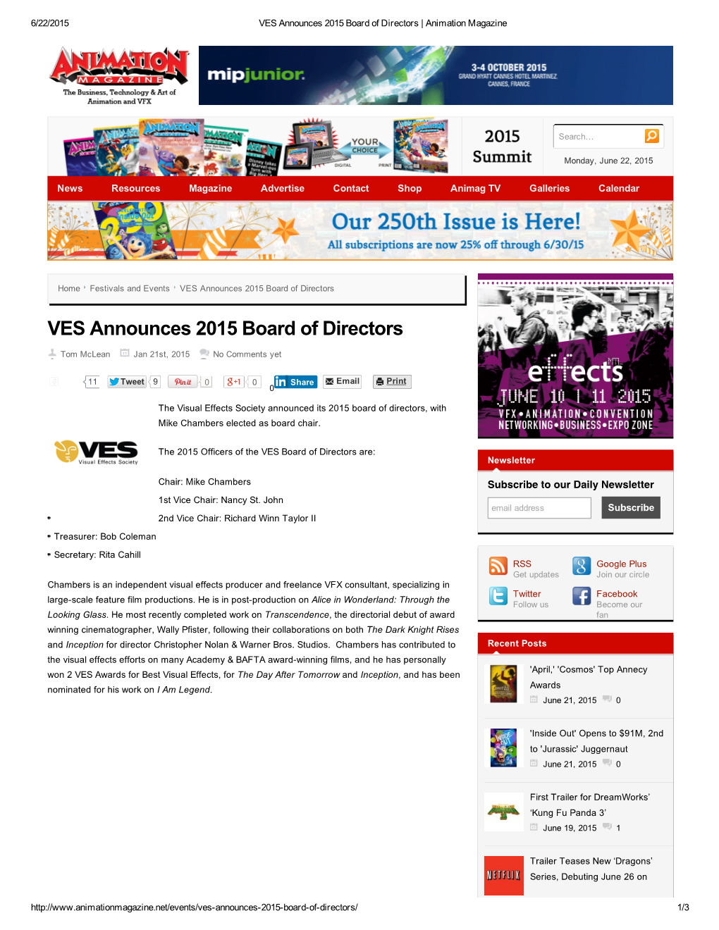 VES Announces 2015 Board of Directors | Animation Magazine