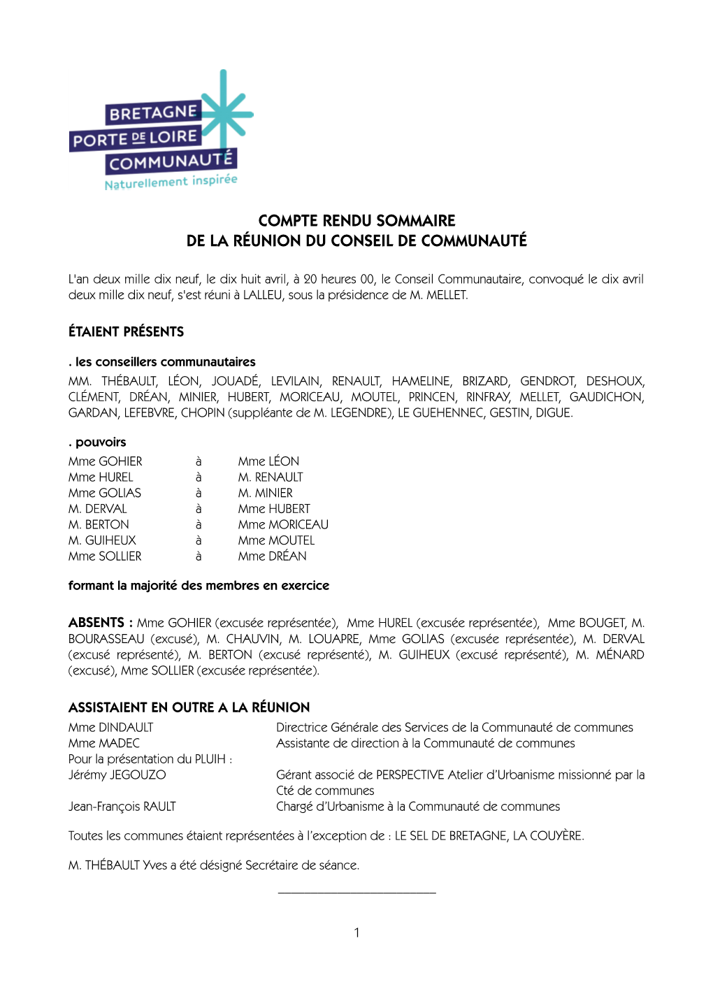 Compte Rendu Sommaire De La Réunion Du Conseil De Communauté