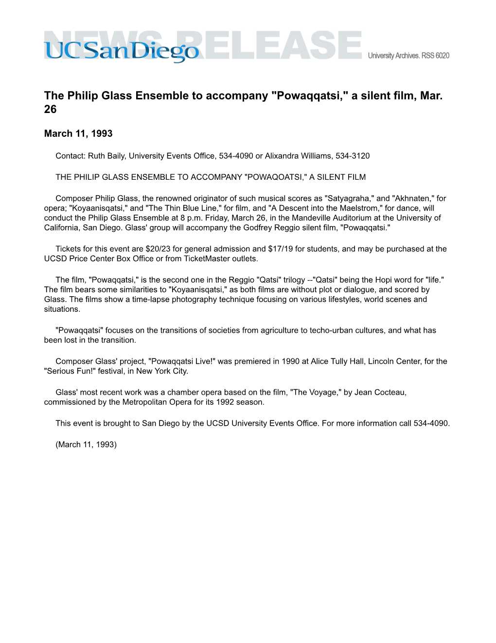 The Philip Glass Ensemble to Accompany "Powaqqatsi," a Silent Film, Mar