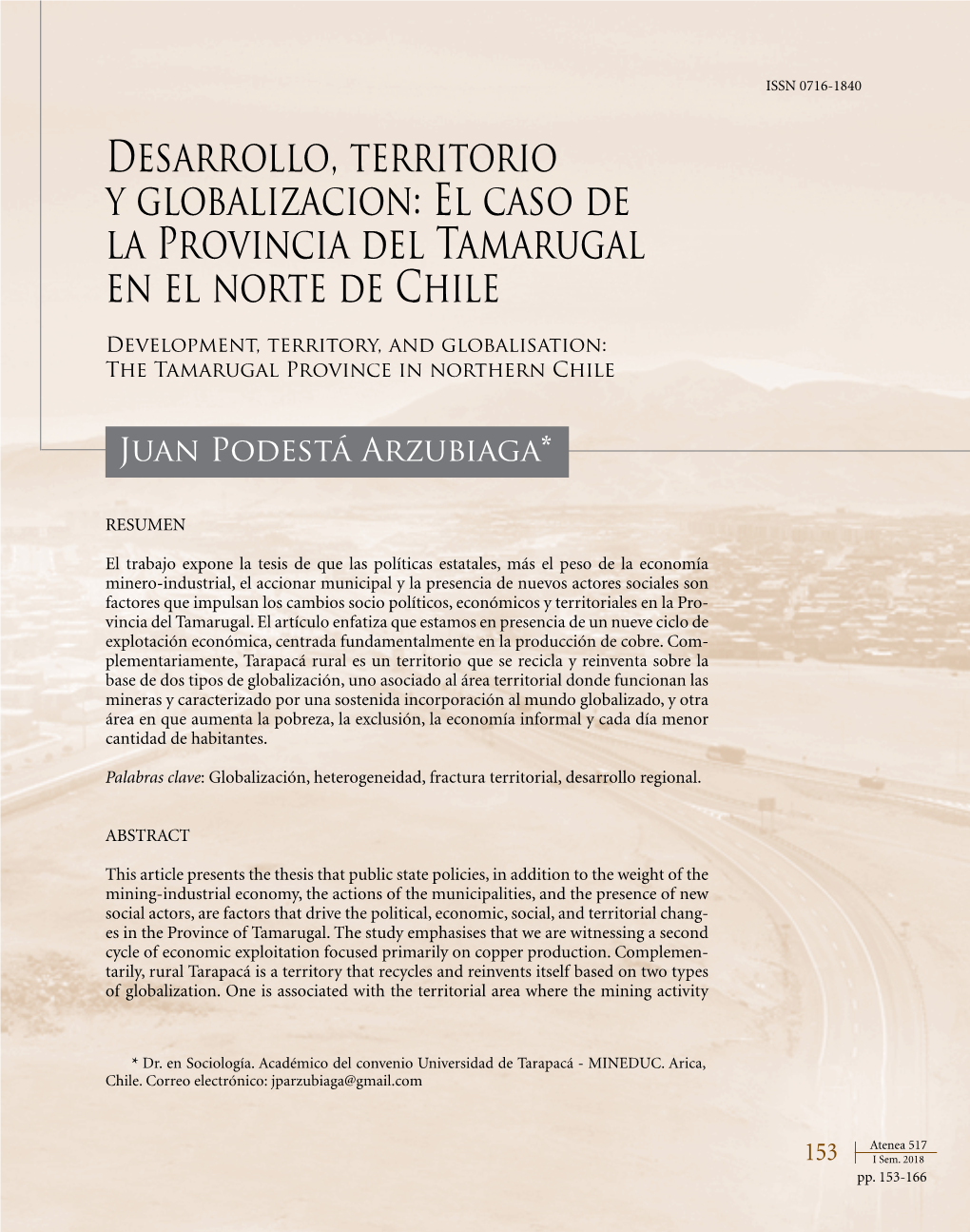 Desarrollo, Territorio Y Globalizacion: El Caso De La Provincia Del Tamarugal En El Norte De Chile