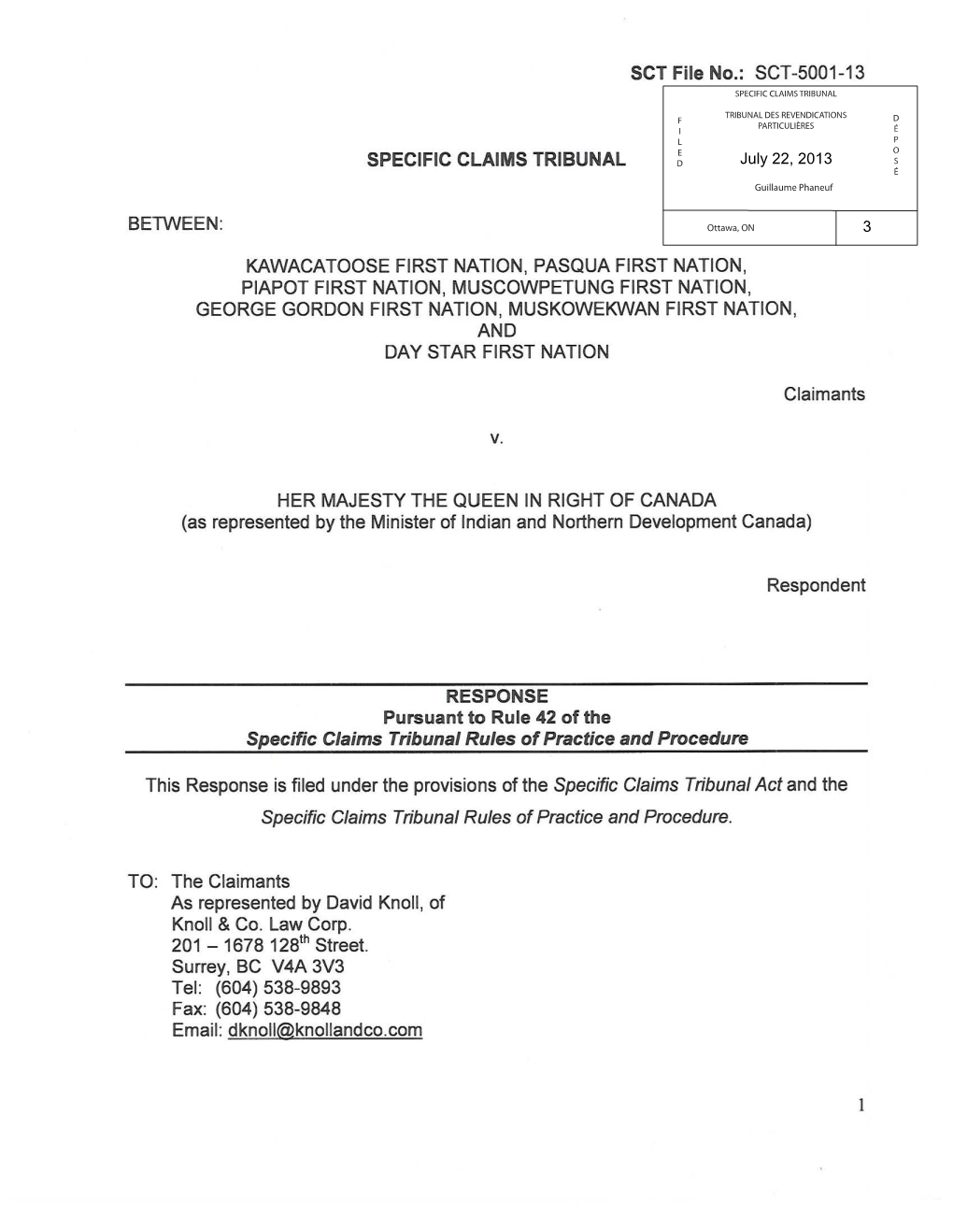 Sct-5001-13 Specific Claims Tribunal Between