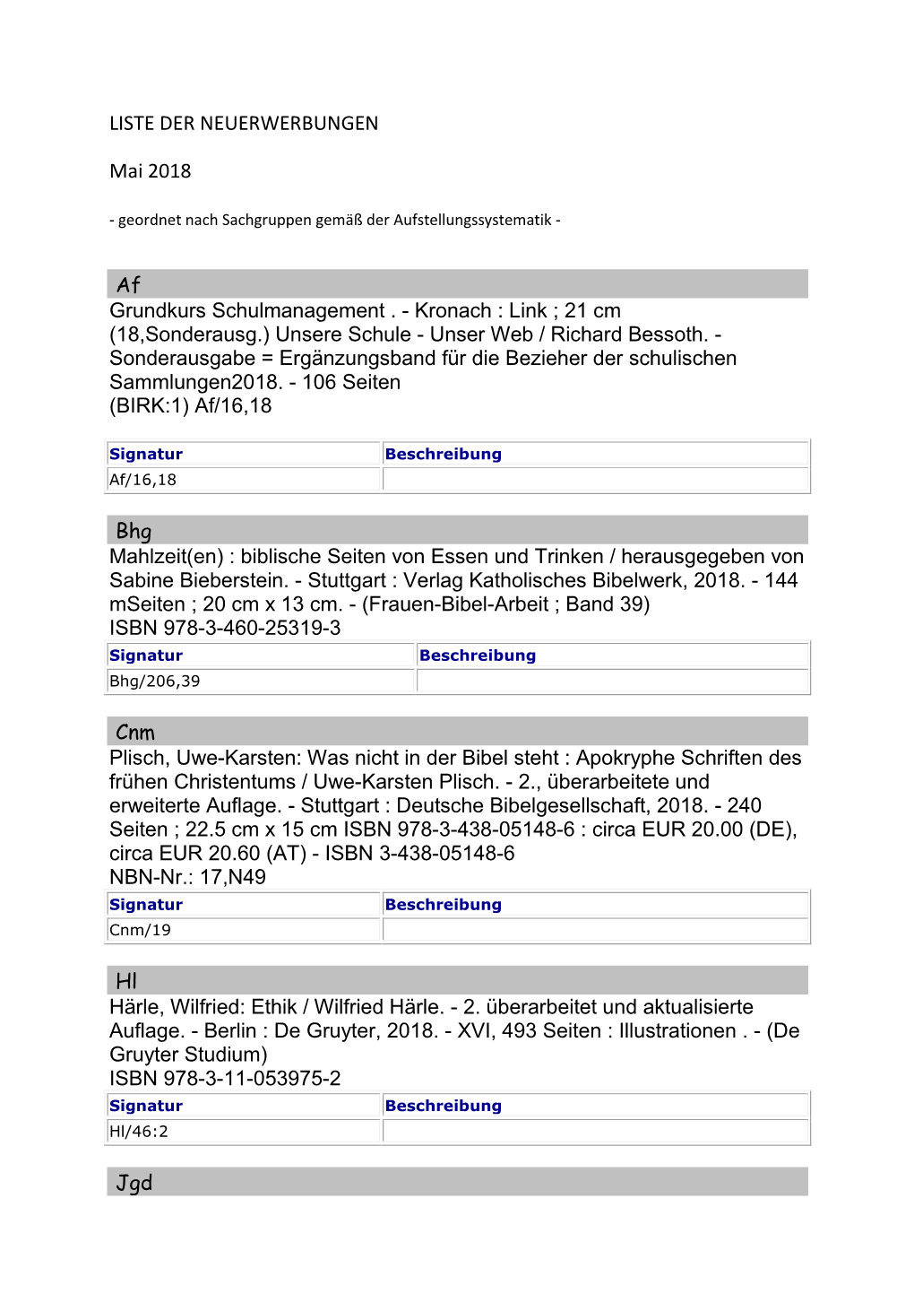 LISTE DER NEUERWERBUNGEN Mai 2018