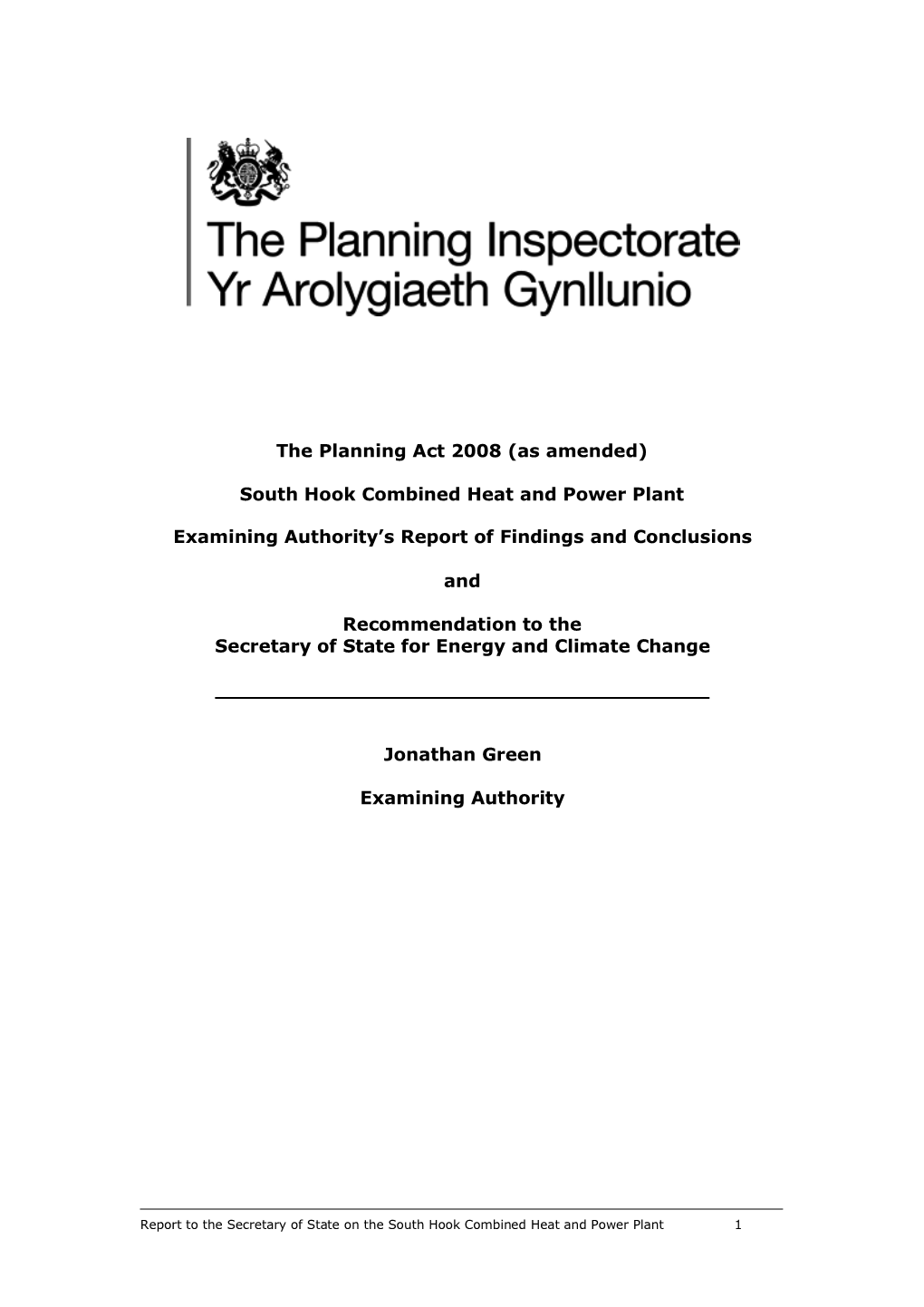 South Hook Combined Heat and Power Plant Examining Authority's Report of Findings and Concl