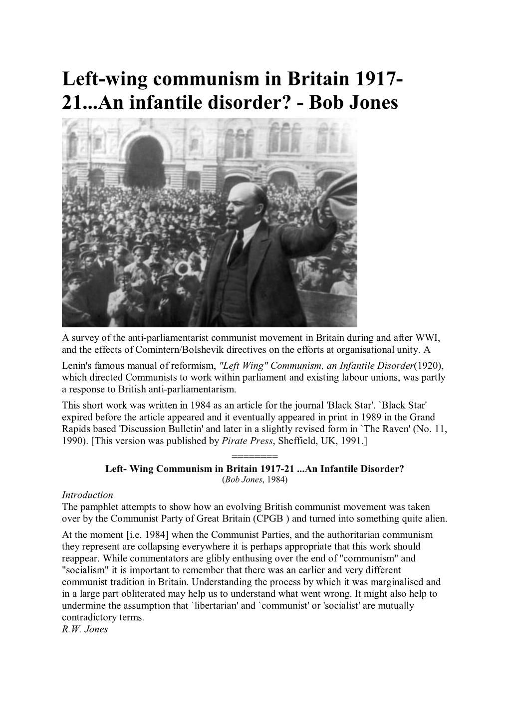 Left-Wing Communism in Britain 1917- 21...An Infantile Disorder? - Bob Jones
