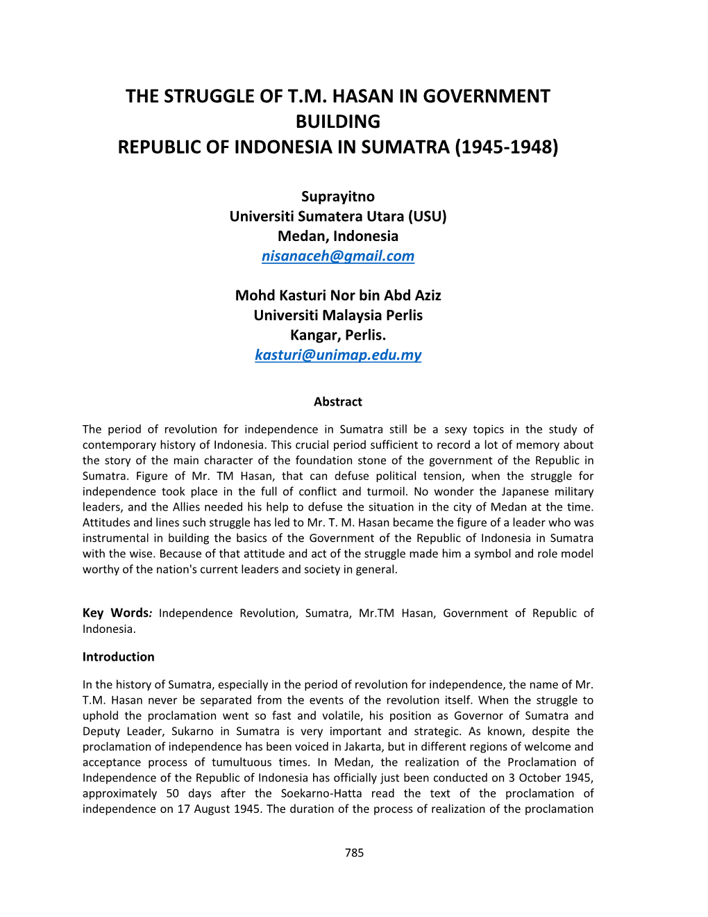 The Struggle of T.M. Hasan in Government Building Republic of Indonesia in Sumatra (1945-1948)