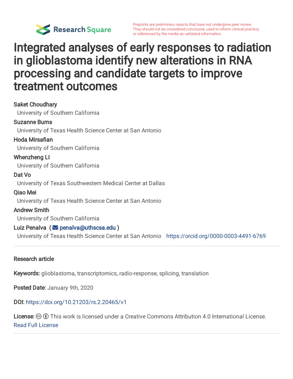 Integrated Analyses of Early Responses to Radiation in Glioblastoma Identify New Alterations in RNA Processing and Candidate Targets to Improve Treatment Outcomes