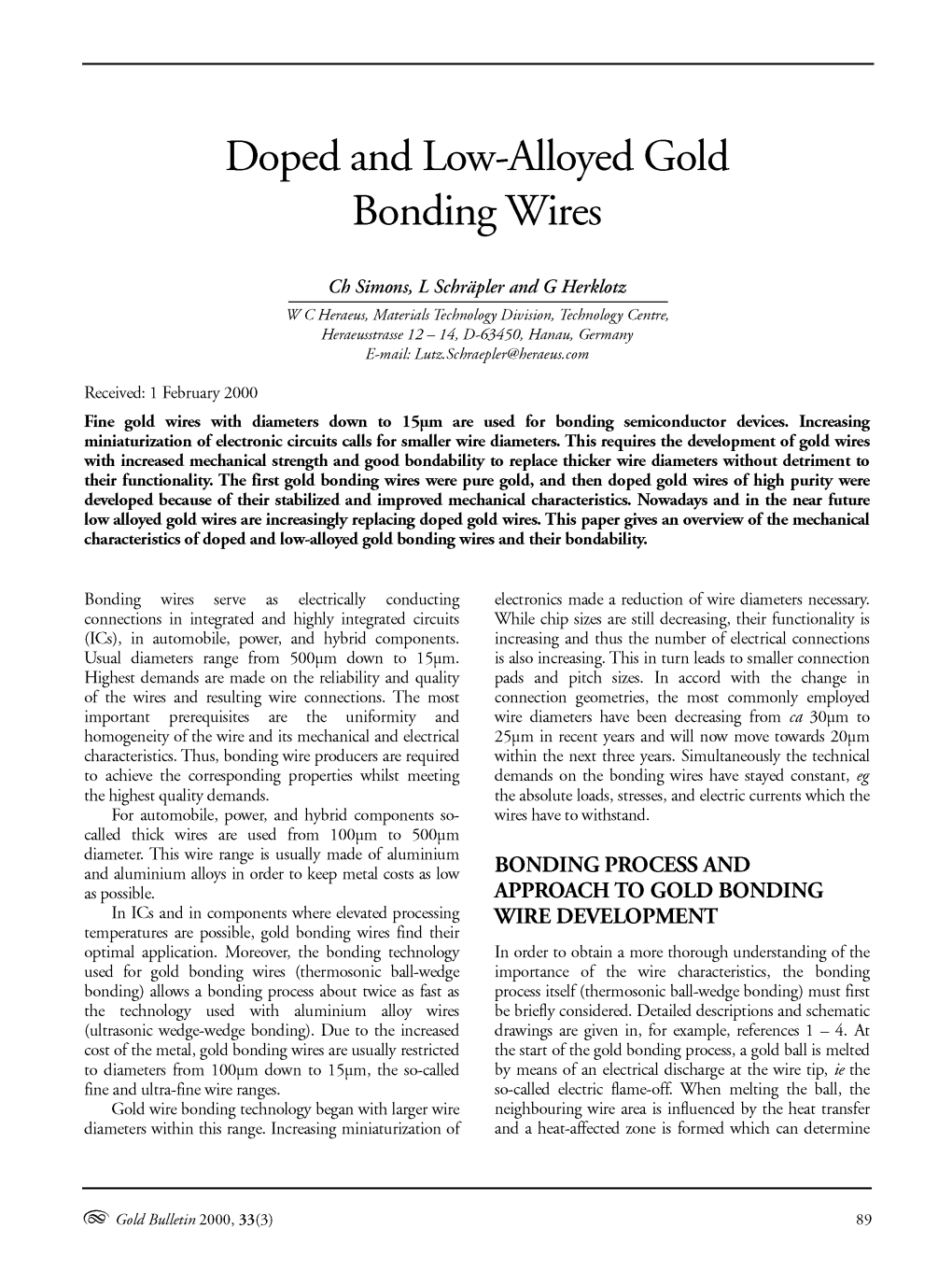 Doped and Low-Alloyed Gold Bonding Wires