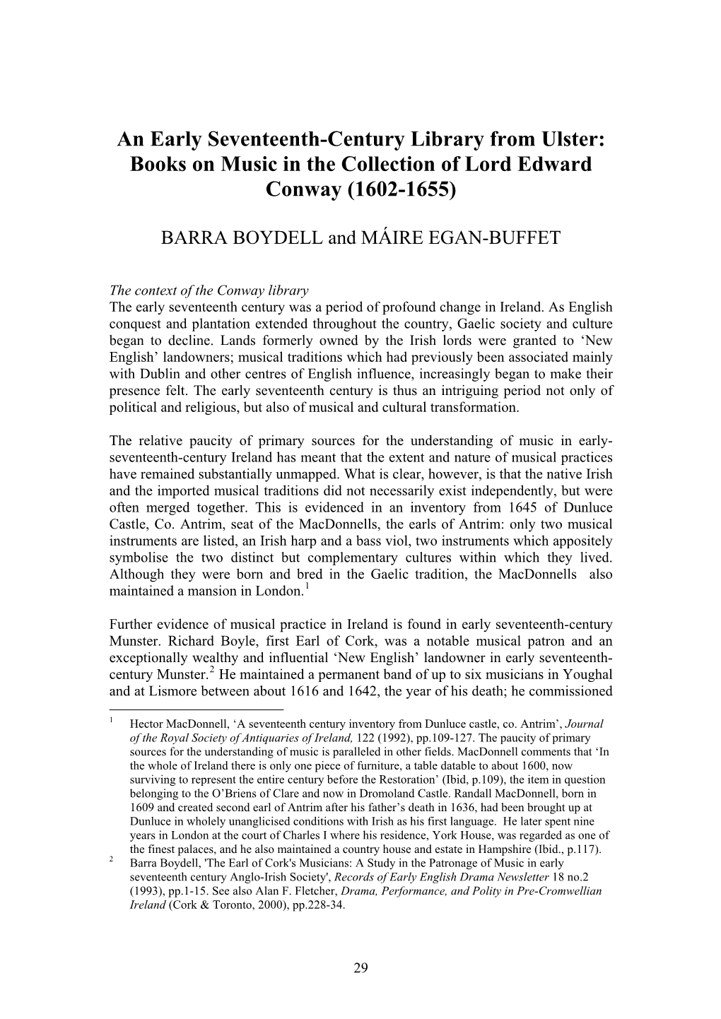 An Early Seventeenth-Century Library from Ulster: Books on Music in the Collection of Lord Edward Conway (1602-1655)