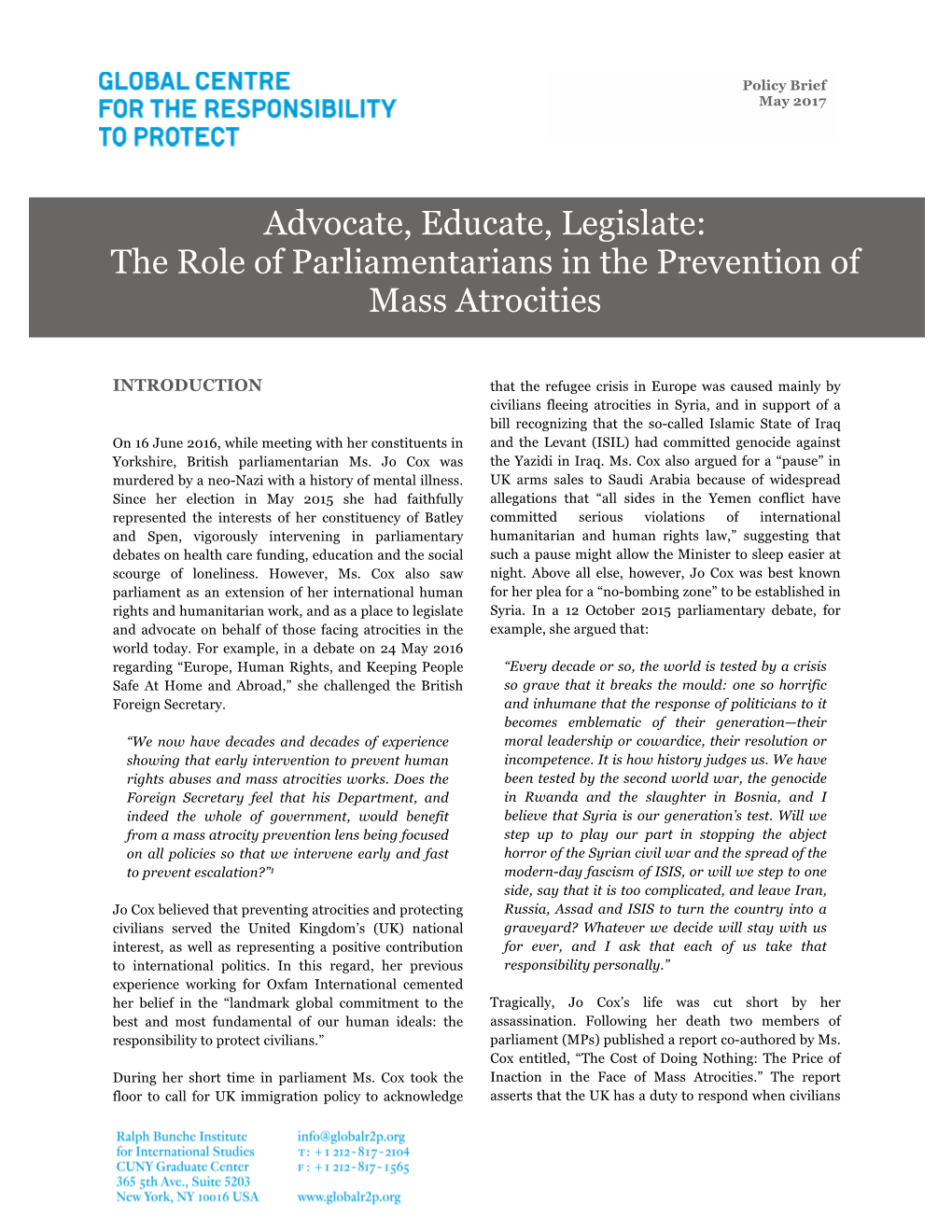 The Role of Parliamentarians in the Prevention of Mass Atrocities