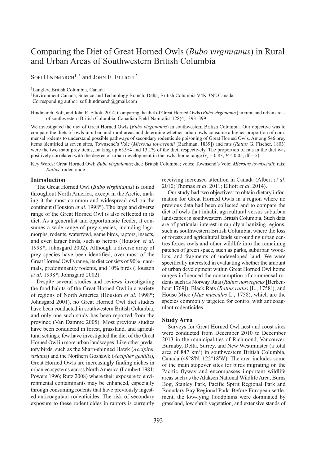 Comparing the Diet of Great Horned Owls ( Bubo Virginianus ) in Rural and Urban Areas of Southwestern British Columbia