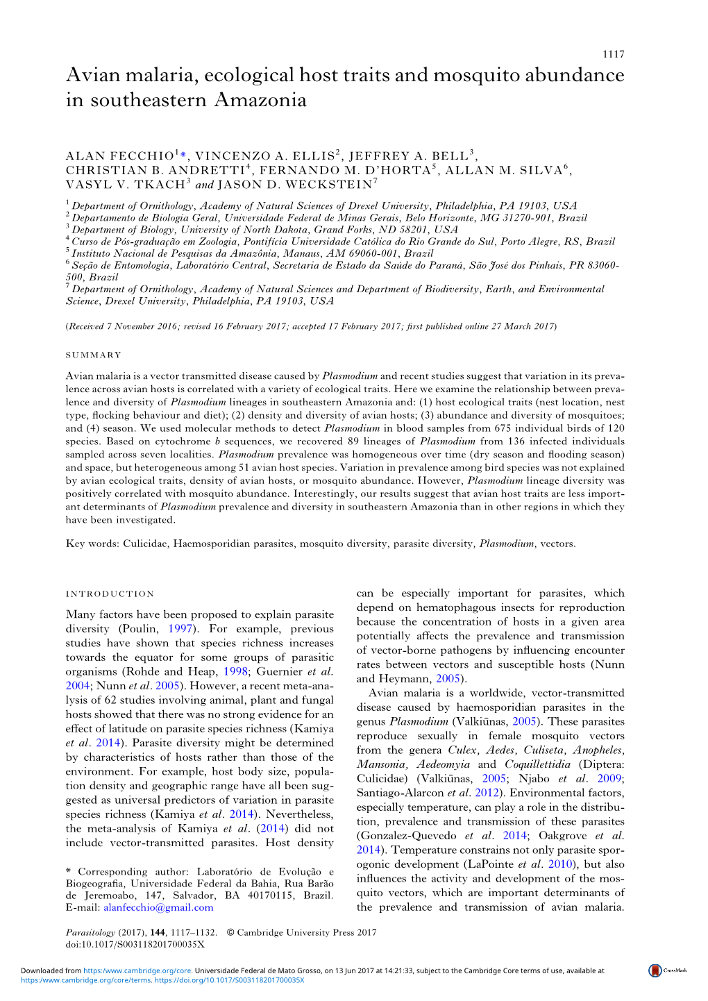 Avian Malaria, Ecological Host Traits and Mosquito Abundance in Southeastern Amazonia