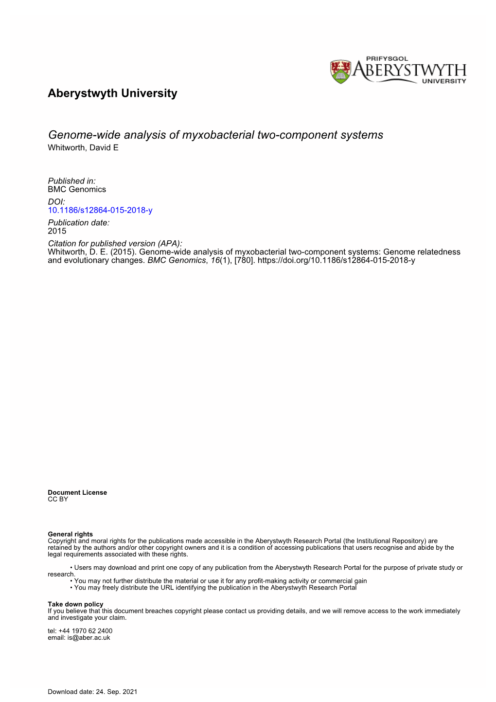 Genome-Wide Analysis of Myxobacterial Two-Component Systems Whitworth, David E