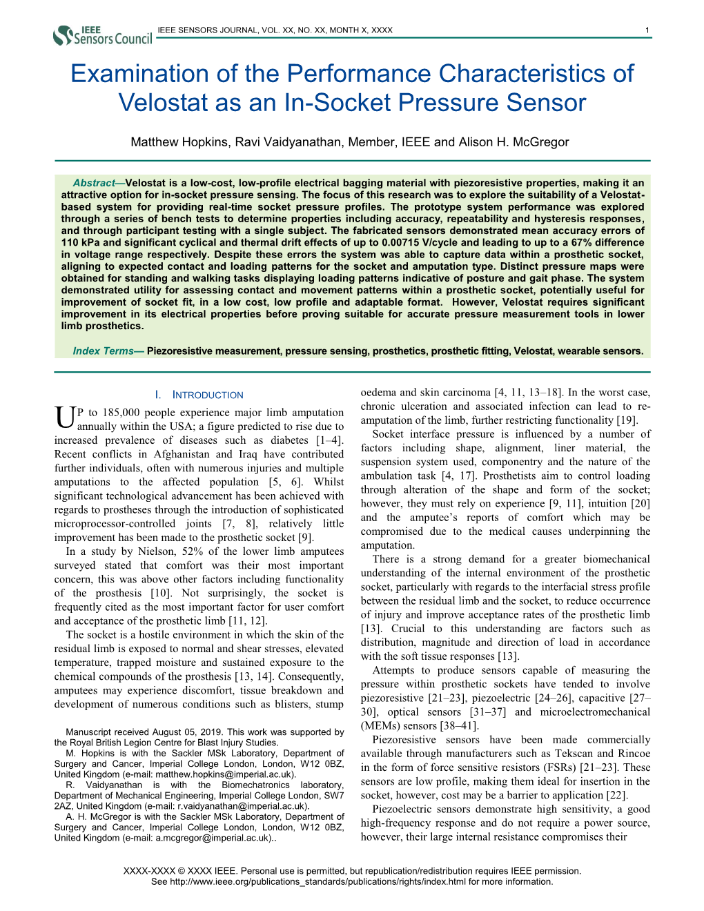 Examination of the Performance Characteristics of Velostat As an In-Socket Pressure Sensor