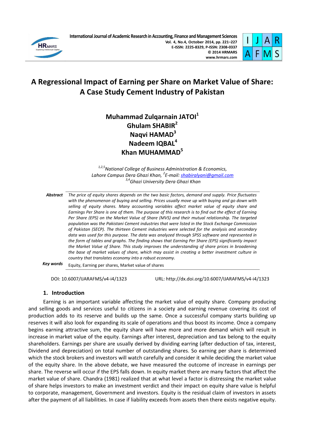 A Regressional Impact of Earning Per Share on Market Value of Share: a Case Study Cement Industry of Pakistan