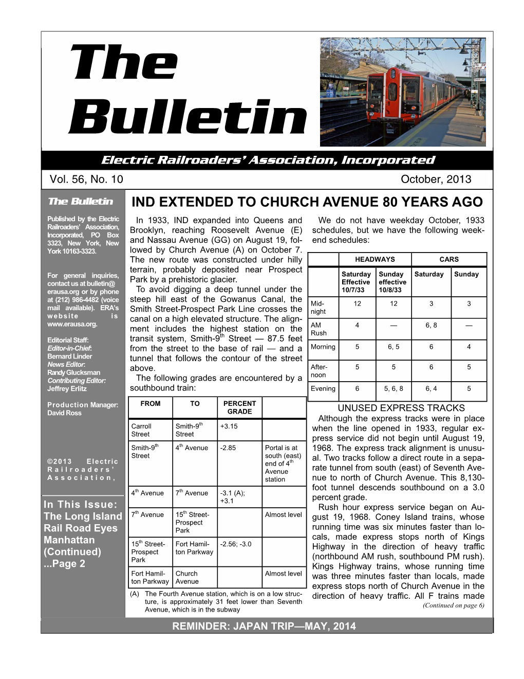 BULLETIN - OCTOBER, 2013 Bulletin Electric Railroaders’ Association, Incorporated Vol