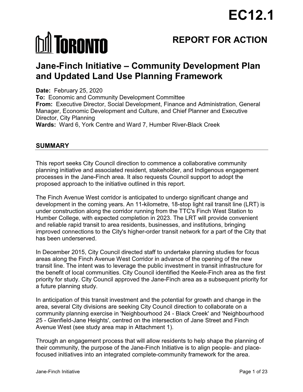 Jane-Finch Initiative – Community Development Plan and Updated Land Use Planning Framework