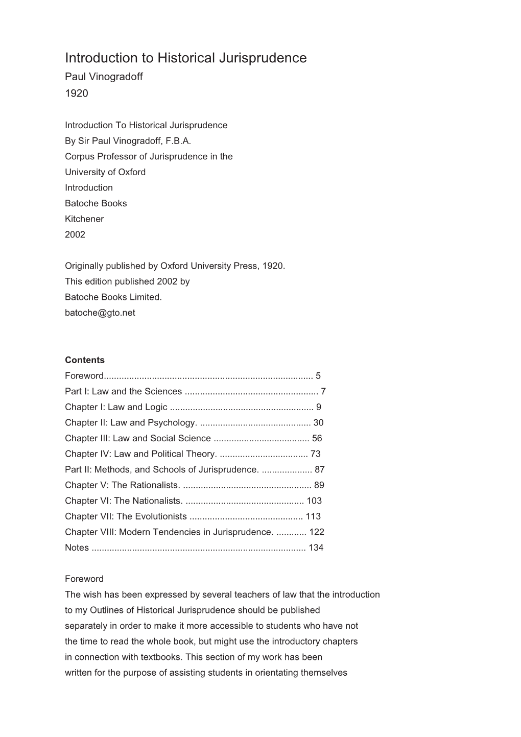 Introduction to Historical Jurisprudence Paul Vinogradoff 1920