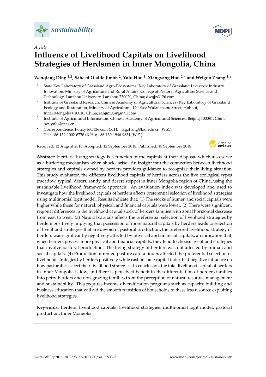 Influence of Livelihood Capitals on Livelihood Strategies of Herdsmen