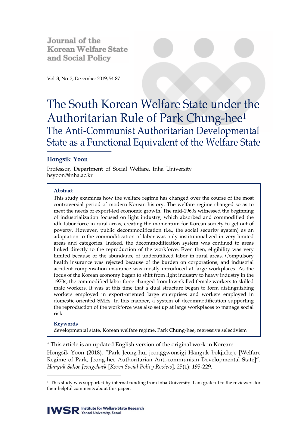 The South Korean Welfare State Under the Authoritarian Rule of Park