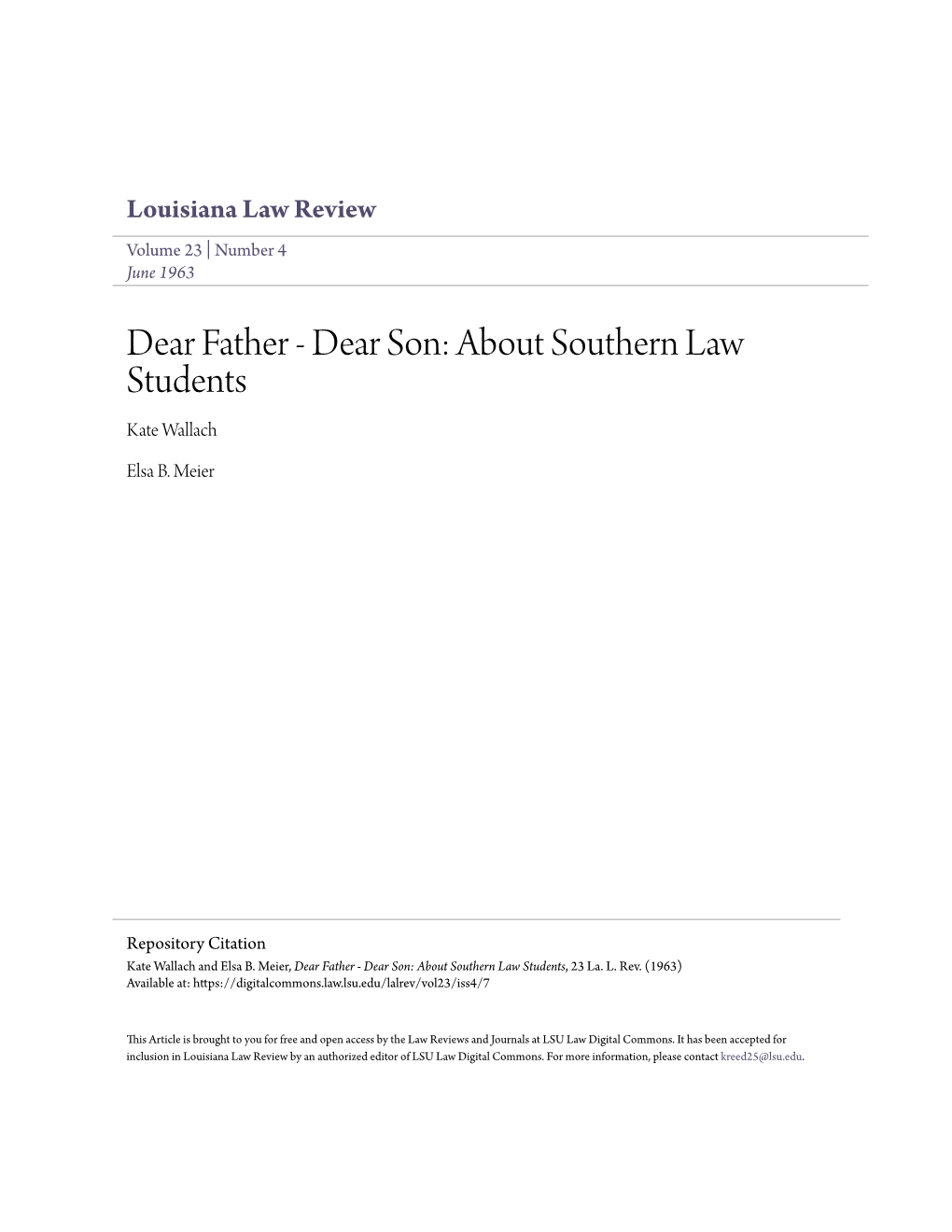Dear Father - Dear Son: About Southern Law Students Kate Wallach