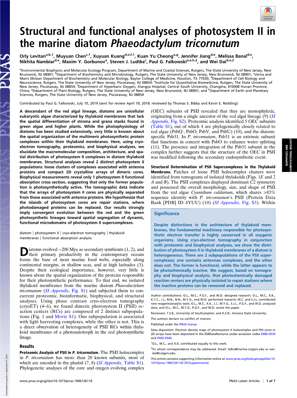 Structural and Functional Analyses of Photosystem II in the Marine Diatom Phaeodactylum Tricornutum