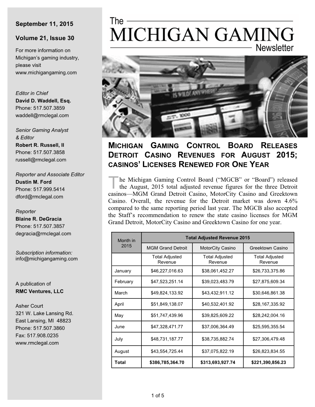 Michigan Gaming Control Board Releases Detroit