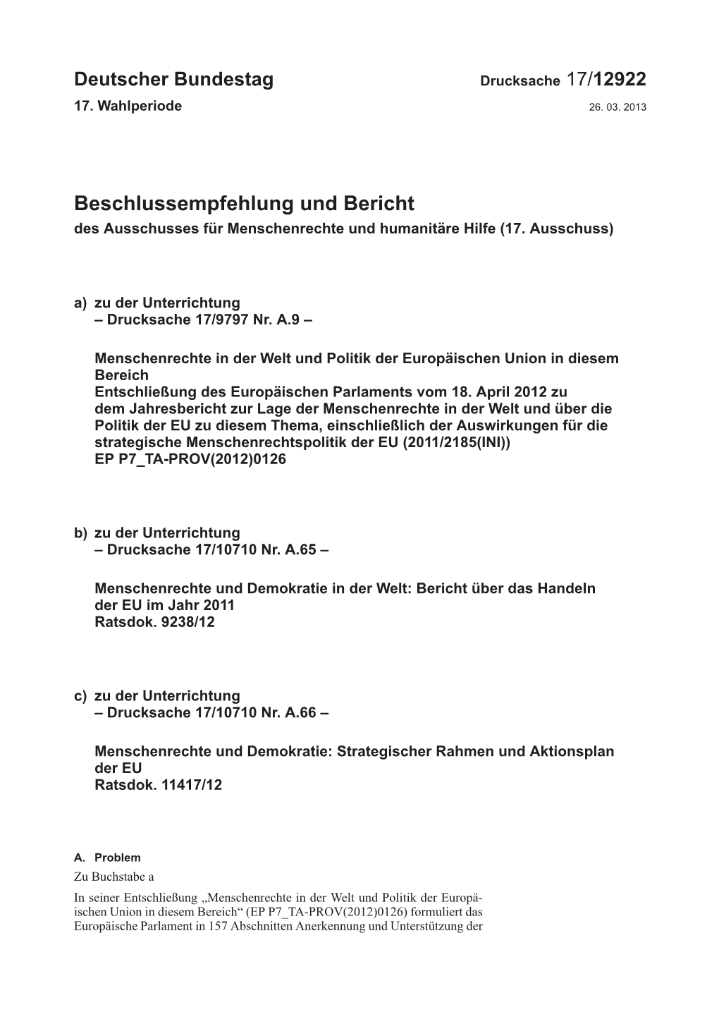 Beschlussempfehlung Und Bericht Des Ausschusses Für Menschenrechte Und Humanitäre Hilfe (17