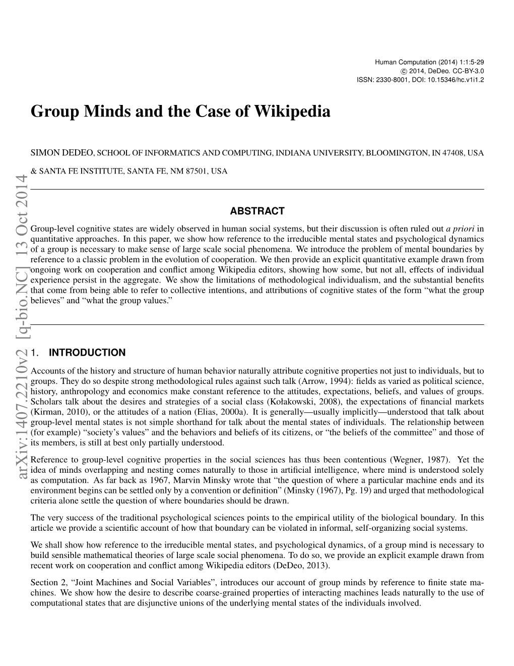 Group Minds and the Case of Wikipedia Arxiv:1407.2210V2 [Q-Bio