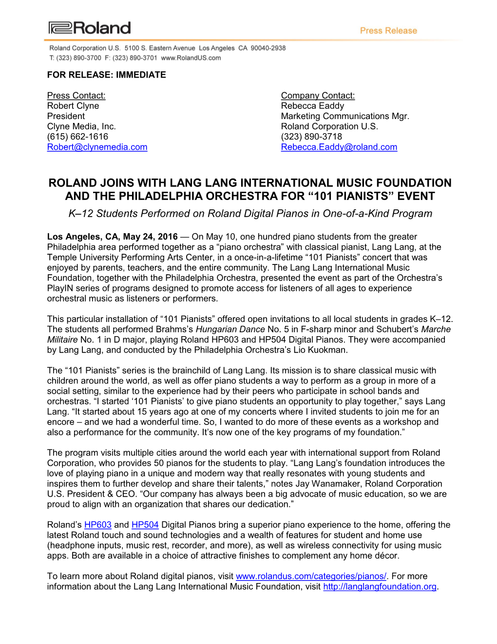Roland Joins with Lang Lang International Music Foundation and the Philadelphia Orchestra for “101 Pianists” Event