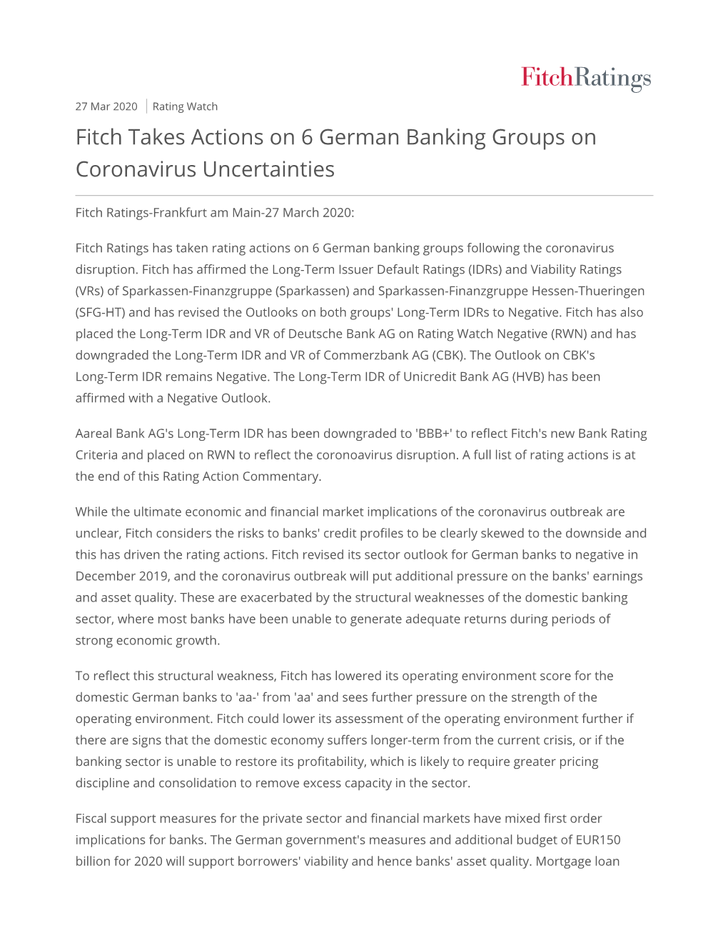 Fitch Takes Actions on 6 German Banking Groups on Coronavirus Uncertainties