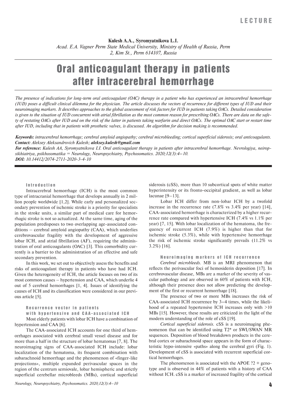 Oral Anticoagulant Therapy in Patients After Intracerebral Hemorrhage