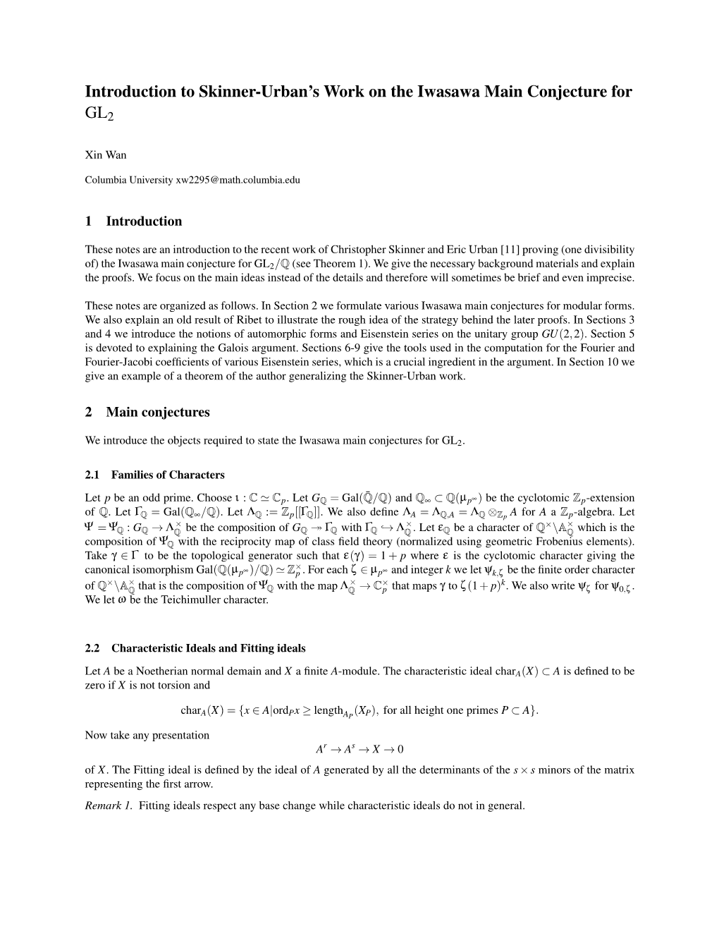 Introduction to Skinner-Urban's Work on the Iwasawa Main Conjecture For