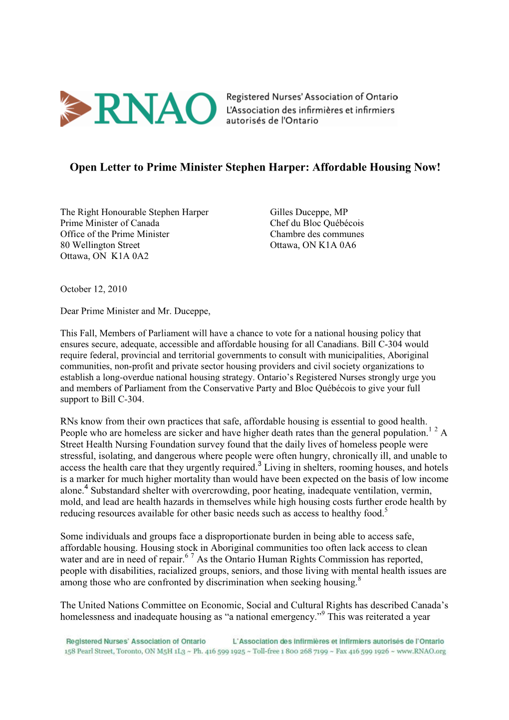 RNAO Open Letter to Harper Duceppe Re Affordable Housing