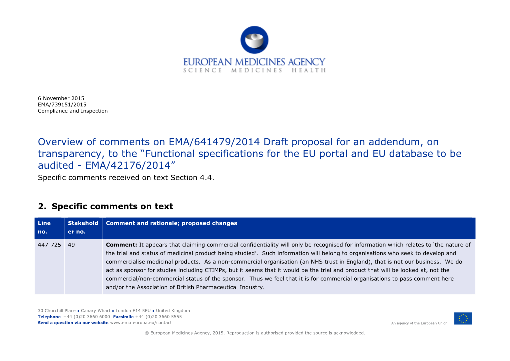 Overview of Comments on EMA/641479/2014 Draft Proposal for an Addendum, on Transparency, to the “Functional Specifications