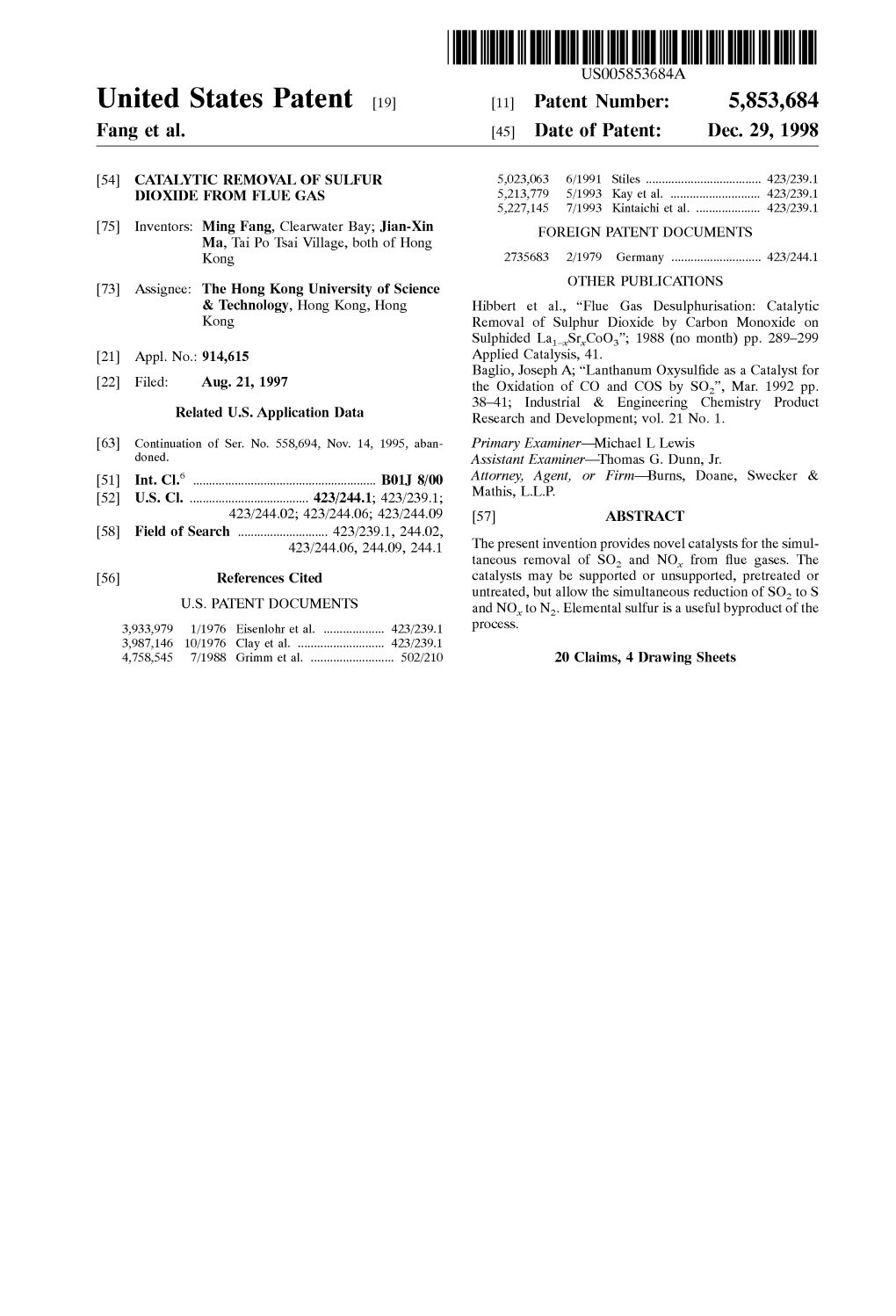 United States Patent (19) 11 Patent Number: 5,853,684 Fang Et Al