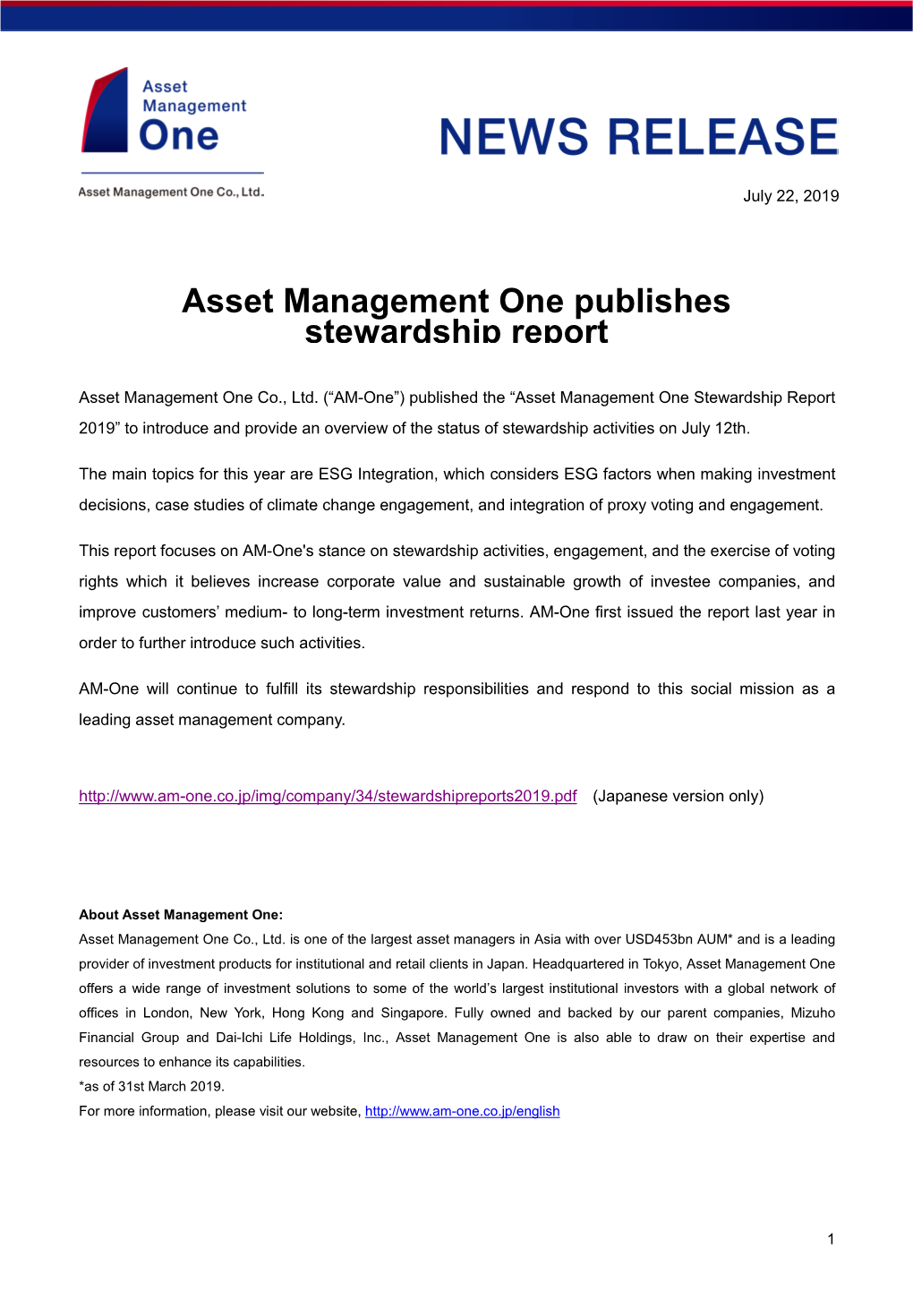 Asset Management One Publishes Stewardship Report