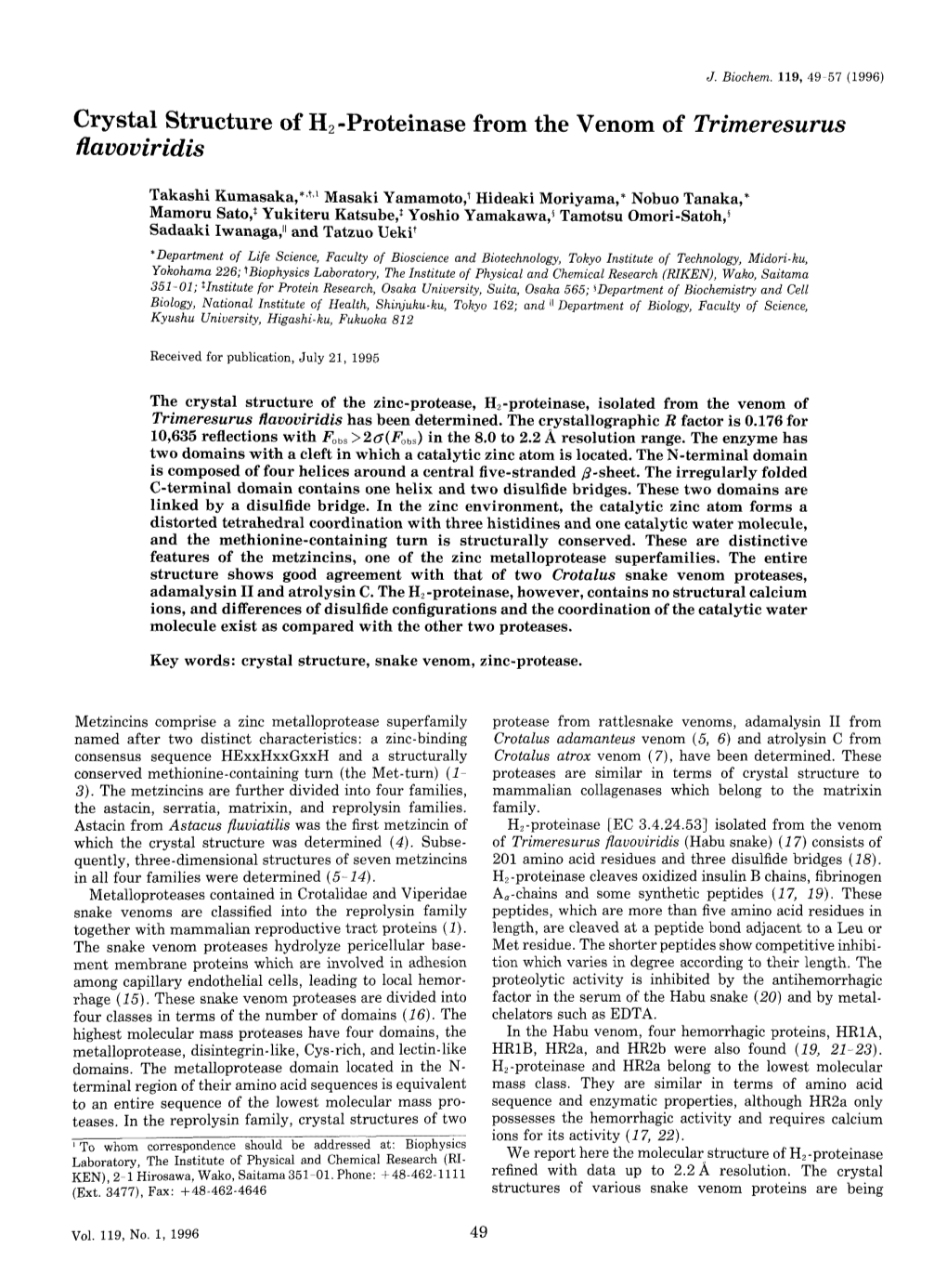 Crystal Structure of H2-Proteinase from the Venom of Trimeresurus Flavoviridis