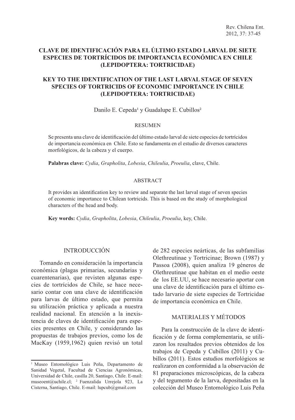 Clave De Identificación Para El Último Estado Larval De Siete Especies De Tortrícidos De Importancia Económica En Chile (Lepidoptera: Tortricidae)