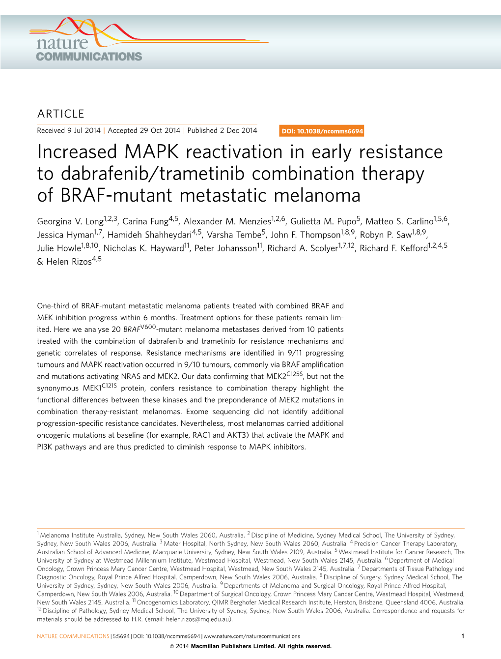 Increased MAPK Reactivation in Early Resistance to Dabrafenib/Trametinib Combination Therapy of BRAF-Mutant Metastatic Melanoma