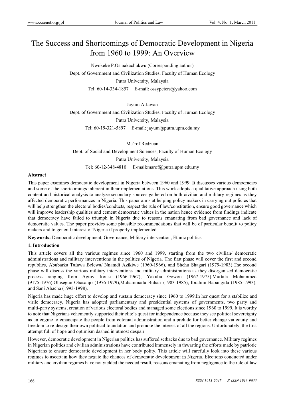 The Success and Shortcomings of Democratic Development in Nigeria from 1960 to 1999: an Overview