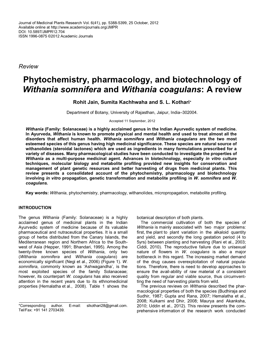 Phytochemistry, Pharmacology, and Biotechnology of Withania Somnifera and Withania Coagulans: a Review
